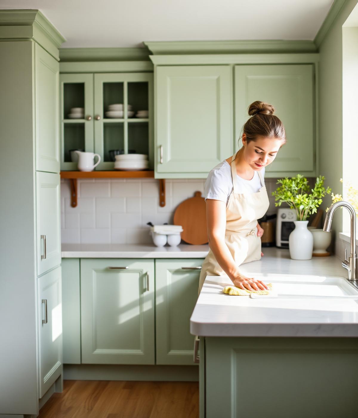 FreshNest cleaner working in a bright sage-toned kitchen